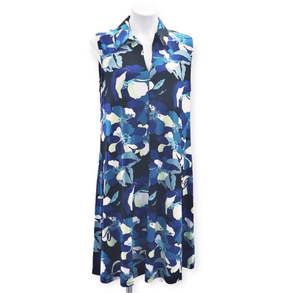 Nine West Shirt Dress Printed Trapeze Mini, Blue Black Multi Size 14 NEW - Picture 10 of 11